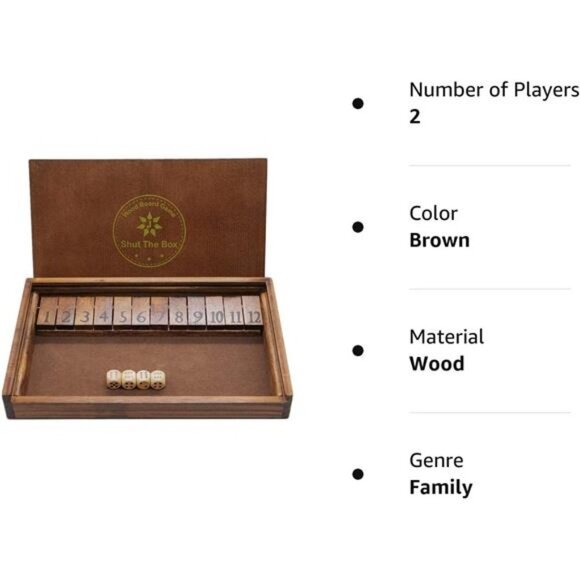 Shut The Box Wooden Board Dice Game with 12 Numbers and Lid for Kids Adults - Picture 7 of 7